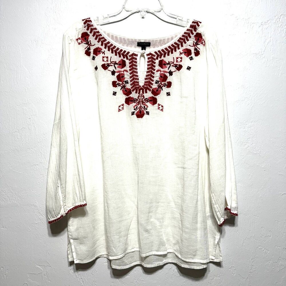 Talbots Embroidered Top White Floral Red Blouse 3/4 Sleeve Women sz Extra Large - Picture 2 of 8